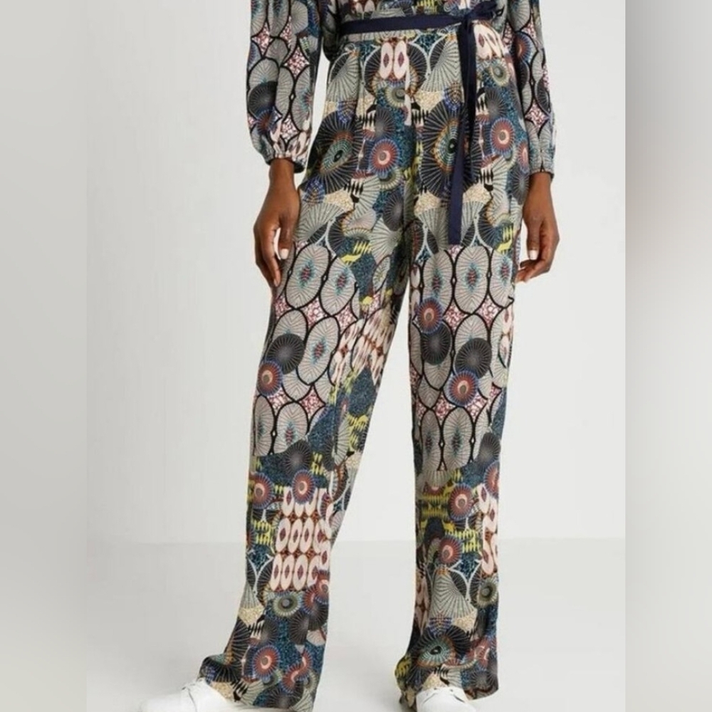 Desigual Wide Leg Pants Women M High Waist Boho Afro Centric Geometric Flowy